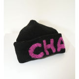 Chanel Cashmere Logo Beanie Hat Black Fuchsia Women's