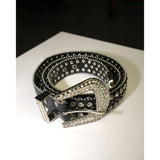 Vintage Rhinestone Leather Belt Black - Large Buckle Women's