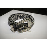 Vintage Rhinestone Leather Belt Black - Large Buckle Women's