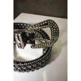 Vintage Rhinestone Leather Belt Black - Large Buckle Women's